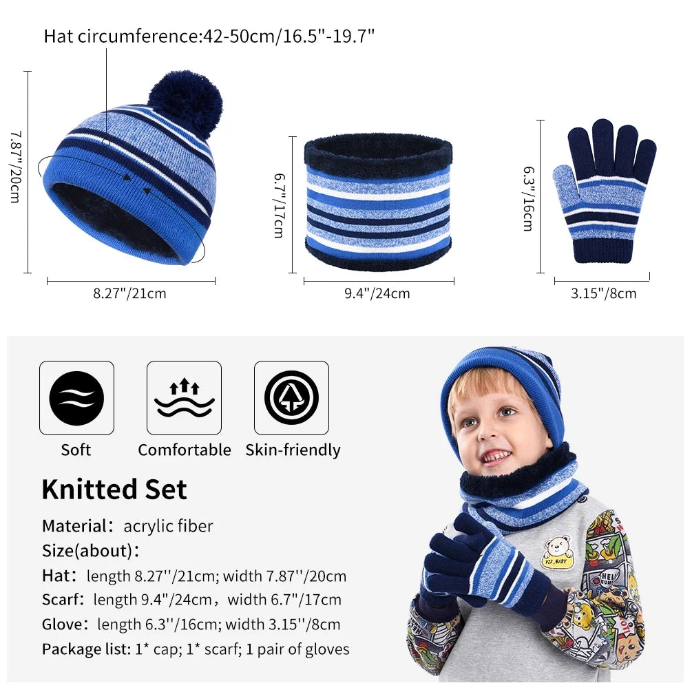 Vbiger 3 Pcs Kids Winter Hat Winter Scarf Winter Gloves Set with Fleece Lining for 3-6 Years Old Grils and Boys, Blue