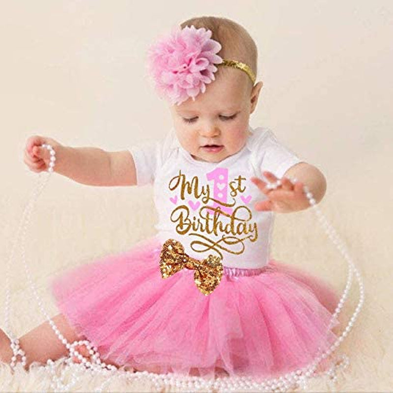 Baby Girl Birthday Cake Smash Outfit Toddler Girl My 1St Birthday Romper Tutu Skirt with Headband Clothes Set